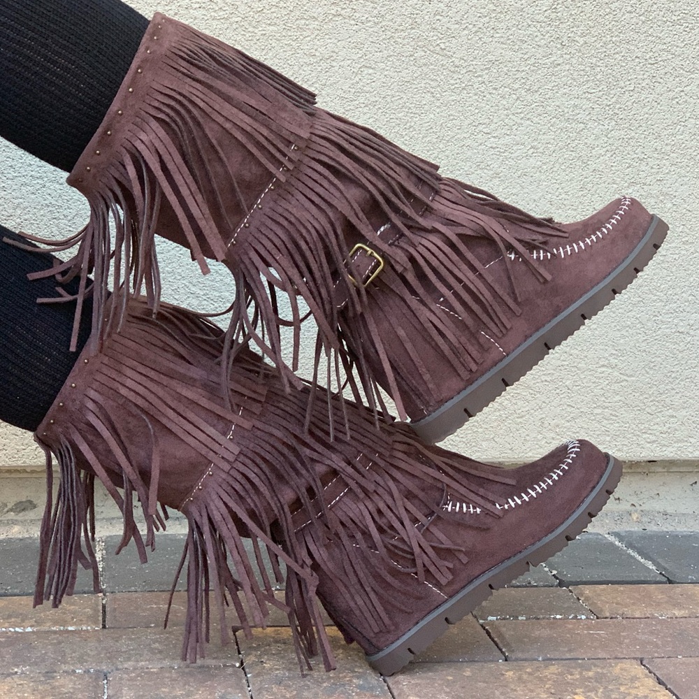 Nib Espresso Three Fringe Layered Moccasin Boots - image 4